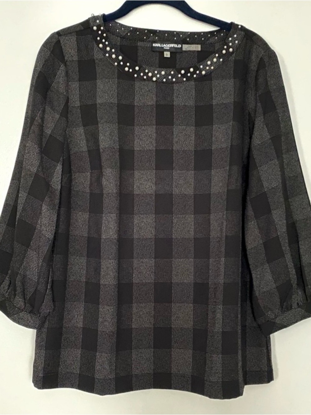 Karl Lagerfeld faux pearl collar crepe top Sz Medium